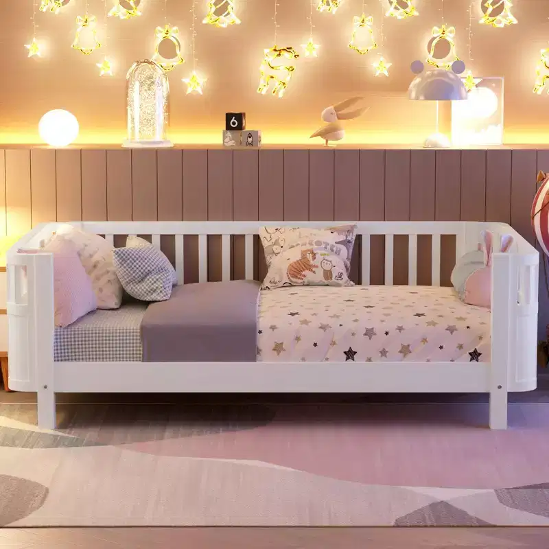 JVNOXK Twin Size Wood Platform Bed for Kids, Wood Low Profile Twin Bed with Rails for Girls and Boys, White