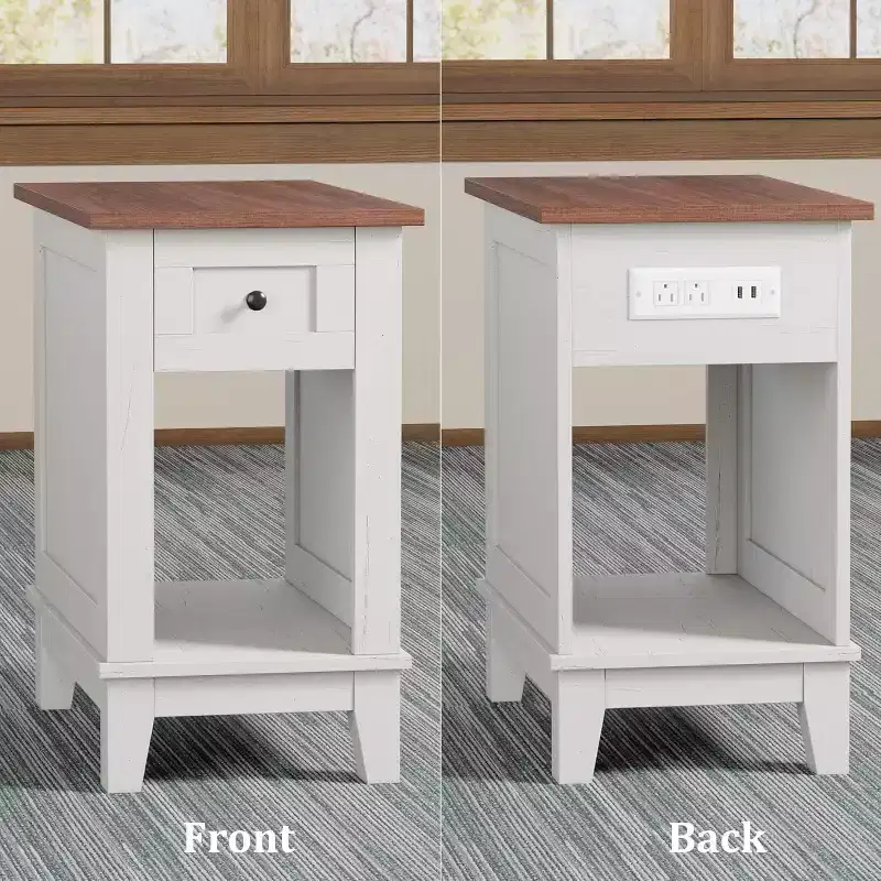 COZONY Narrow Side Table Set of 2, Farmhouse End Tables Drawer Storage Shelf Wooden Nightstands for Living Room Bedroom