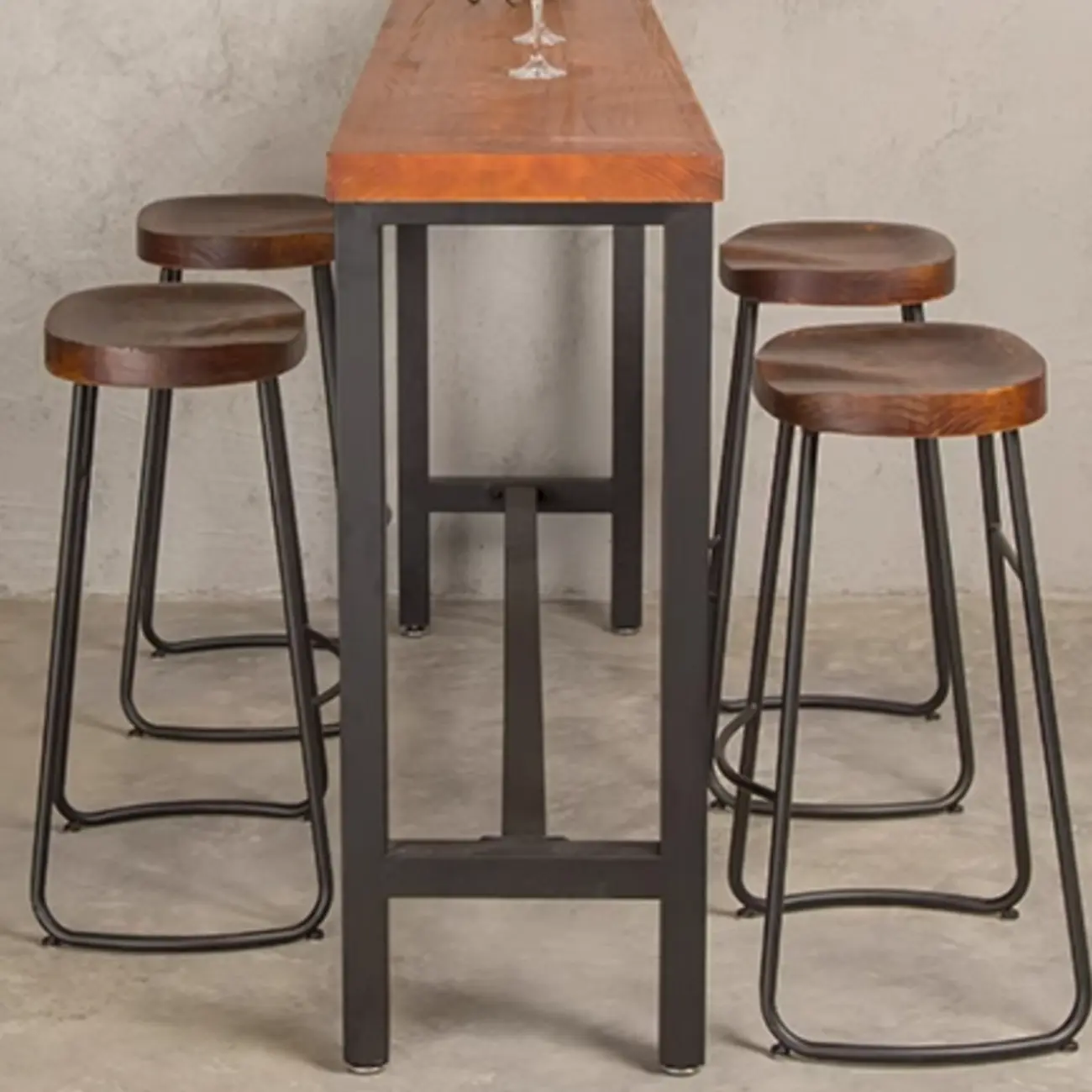 Modern Industrial Bar Table Wood Top Metal Trestle Base