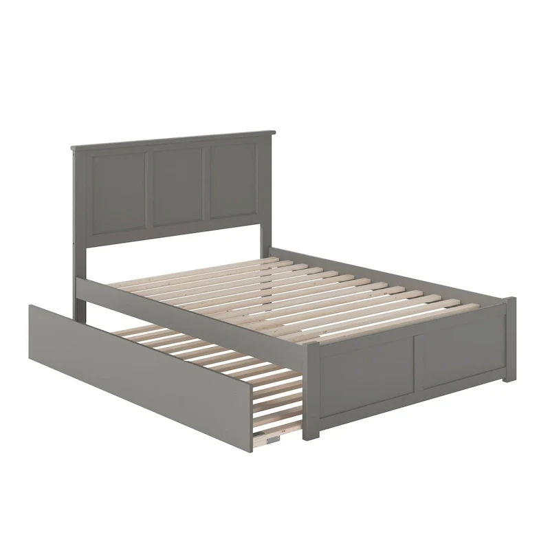 Full Size Solid Wood Platform Bed with Footboard & Full Trundle – Espresso / Grey / Walnut / White / Caramel Latte / Light Toffee, Sleeps 2