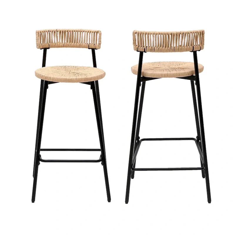 Hand Woven Bar Stools with Back Set of 2 Paper Rope Round Barstools with Footrest for Kitchen Island & Dining Rooms