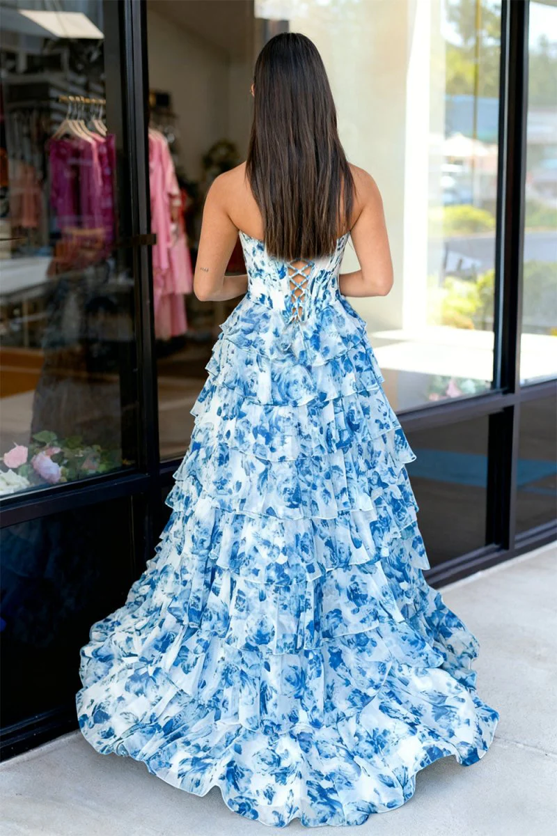 Blue - A-Line Floral Chiffon Strapless Ruffled Beaded Long Prom Dresses with Slit