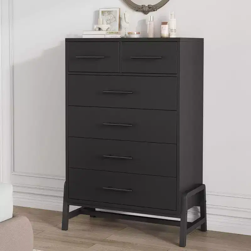 Modern 6-Drawer Dresser with 4 Full-Width & 2 Small Drawers, 46.6 Inch Tall Freestanding Wood Storage Chest for Bedroom, Living Room