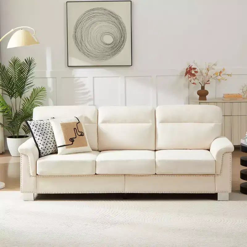 Okak Modern Snowfleece Fabric 3-Seater Long Sofa with Rolled Arms,Compressed Upholstered Couch for Living Room,Apartment