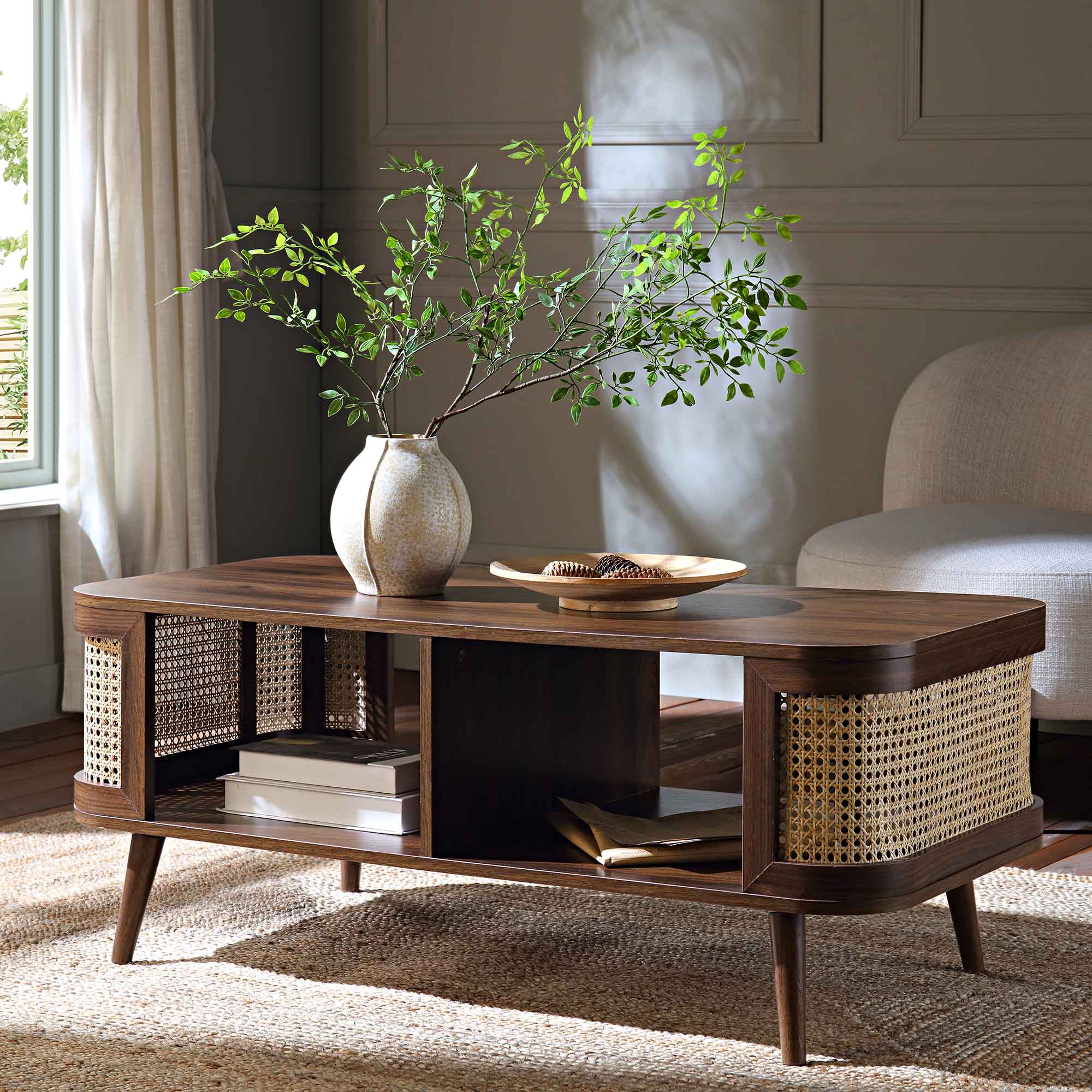 Curved Rattan Coffee Table, Walnut