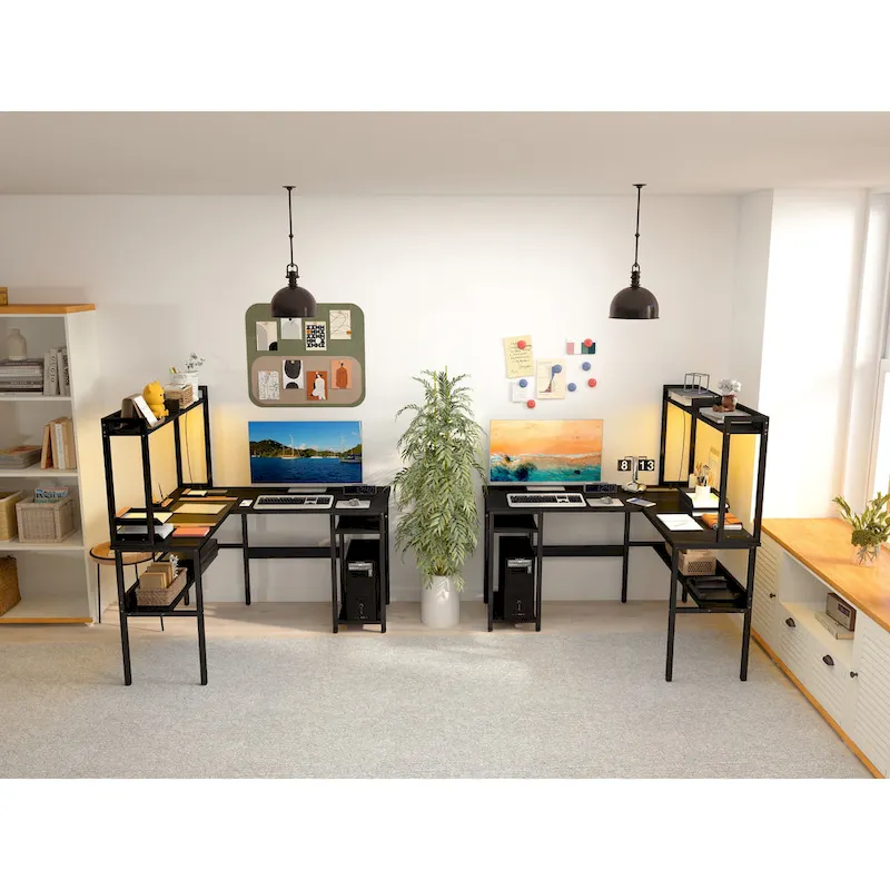 L Shaped Computer Desk with Hutch and Storage Shelves, Corner Gaming Table with LED Lights