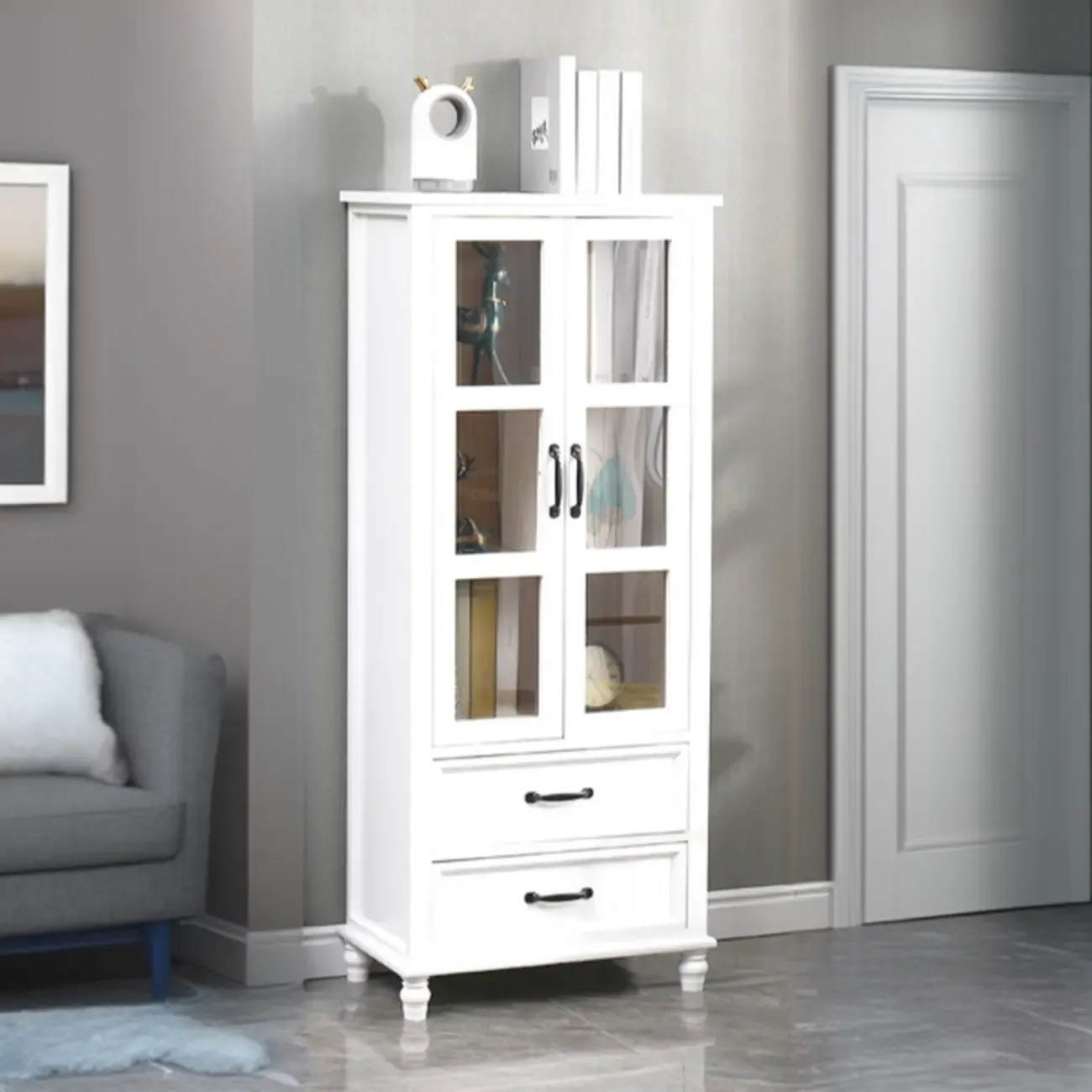 Freestanding Solid Wood White Cabinet with Drawers