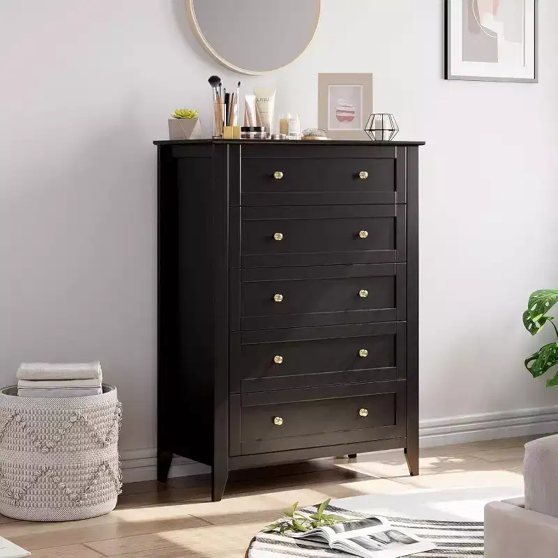 Black 5-Drawer Tall Modern Wood Dresser for Bedroom, Living Room, Hallway, Entryway & Closet