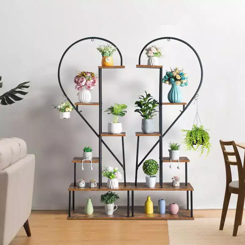 Karl Home 6 Layers Half Heart Iron Wood Plant Stand Flower Pot Stand