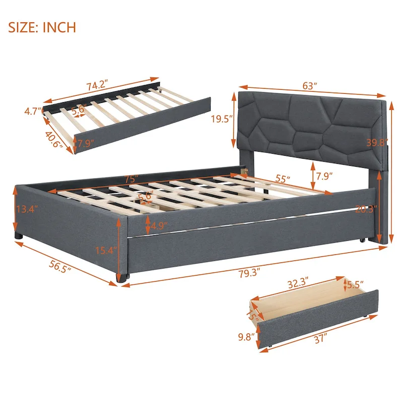 Full Size Upholstered Platform Bed with Twin Size Trundle and 2 Drawers