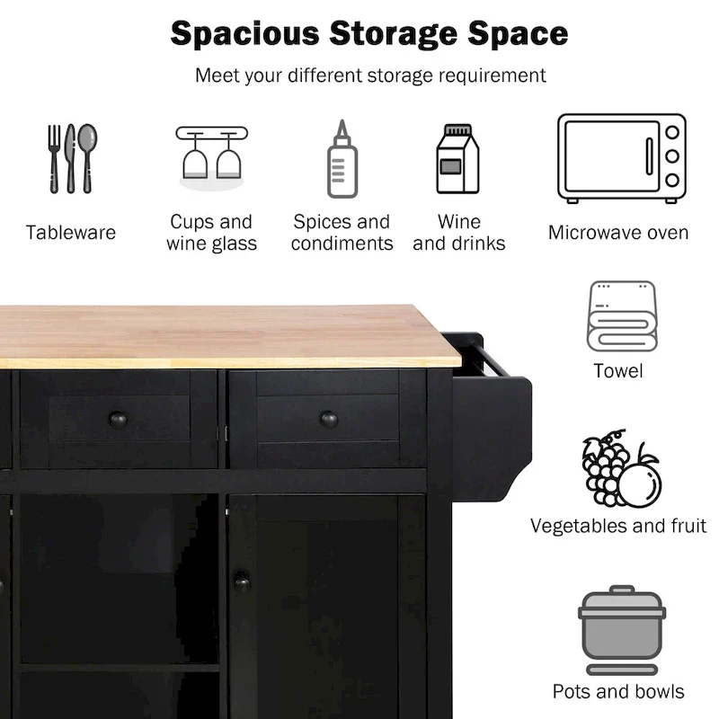 Kitchen Cart with Rubber wood Drop-Leaf Countertop