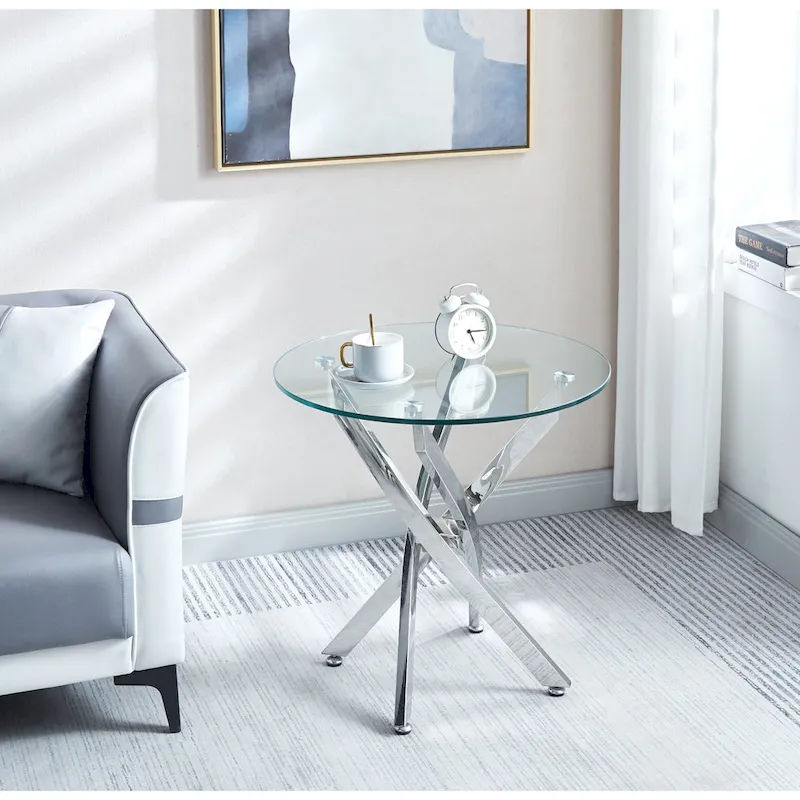 Modern Round Tempered Glass End Table with Stainless Steel Legs