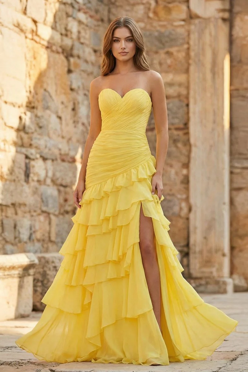 Ruched Ruffle Fitted Yellow Long Prom Dress with Slit