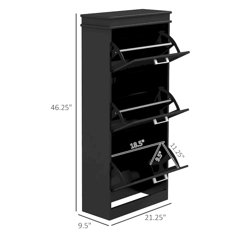 Black Shoe Cabinet with 3 Flip Drawers - 15 Pair Capacity