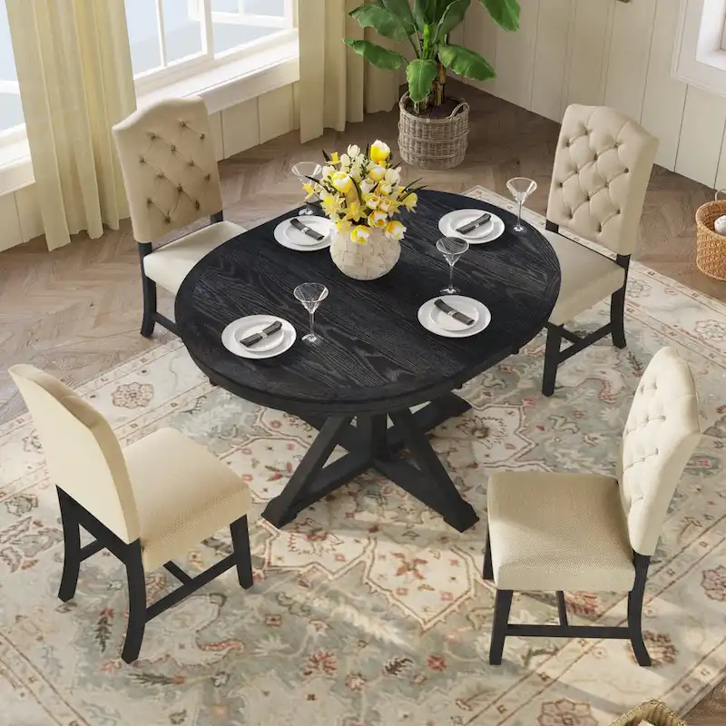 5-Piece Retro Round Extendable Dining Set for 6, Espresso / Natural Wood Wash