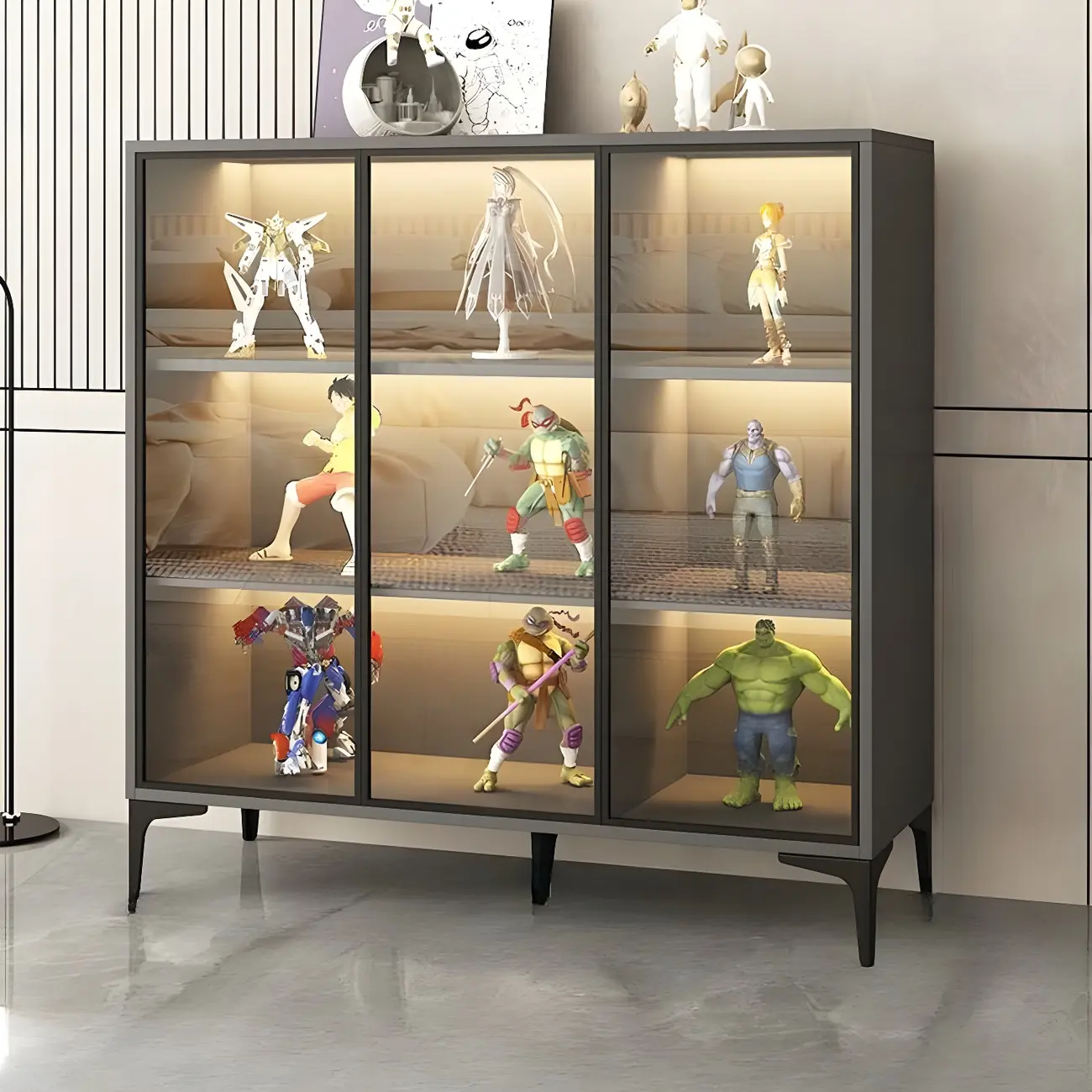 Freestanding Black Tempered Glass Wood Display Cabinet