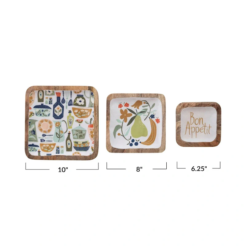 Enameled Mango Wood Trays with Kitchenware Pattern - 10.0 L x 10.0 W x 0.8 H - 10.0 L x 10.0 W x 0.8 H