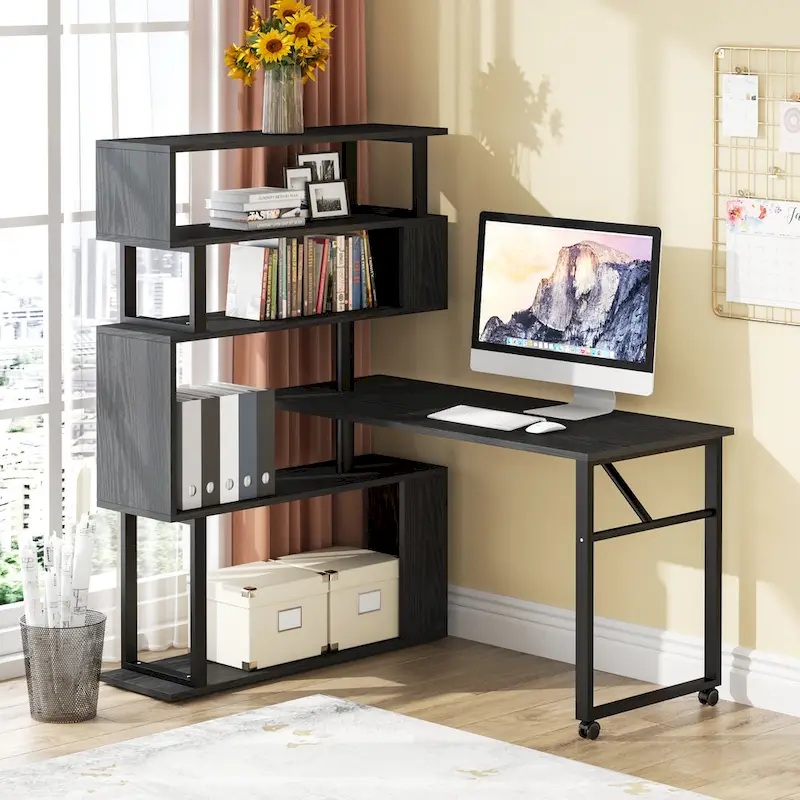 L-Shaped Rotating Computer Desk with 5 Shelves Bookshelf
