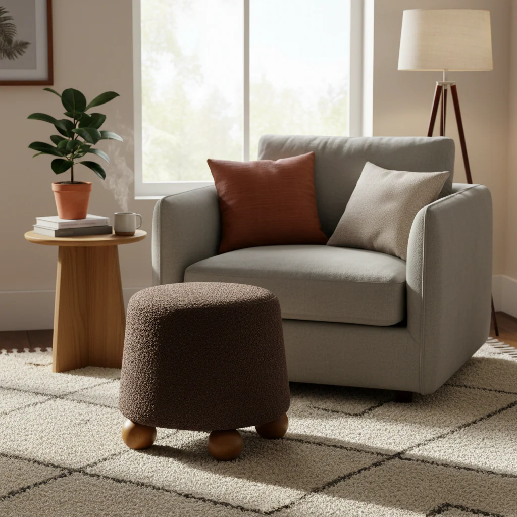 Chocolate Brown Boucle Upholstered Stool - Small