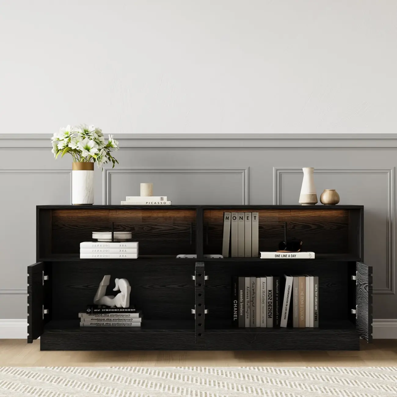 Modern Black Rectangular Wooden LED TV Stand