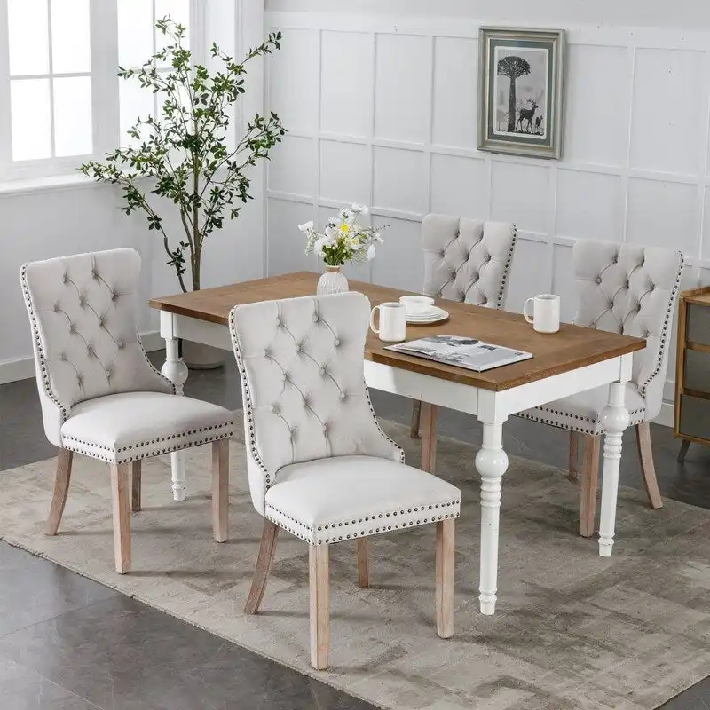 Tufted Upholstered Linen Dining Chair with Solid Wood Legs, Set of 2