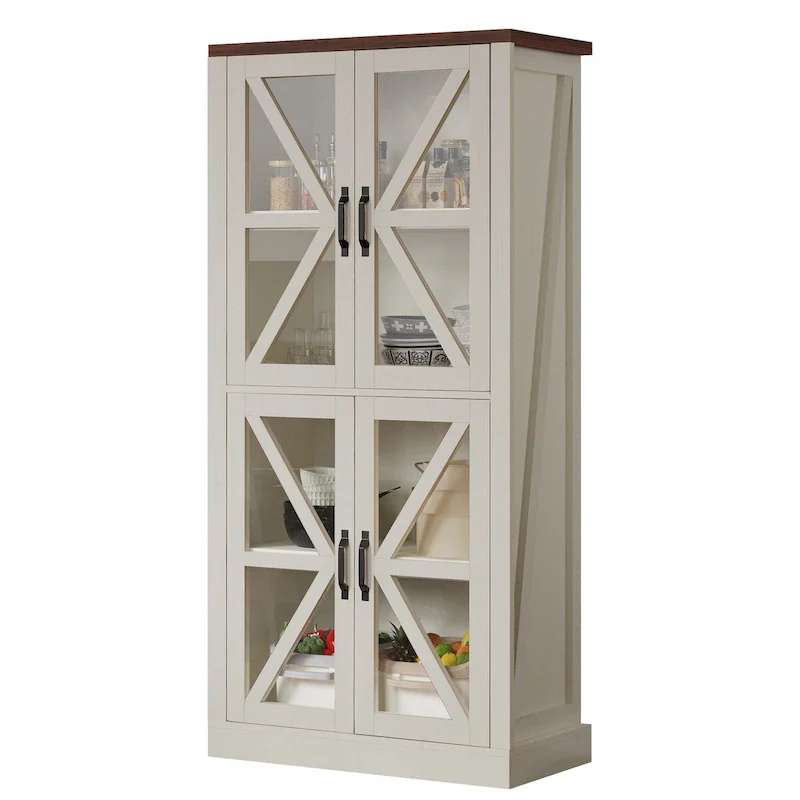 66-Inch Freestanding Kitchen Pantry Cabinet with Glass Doors