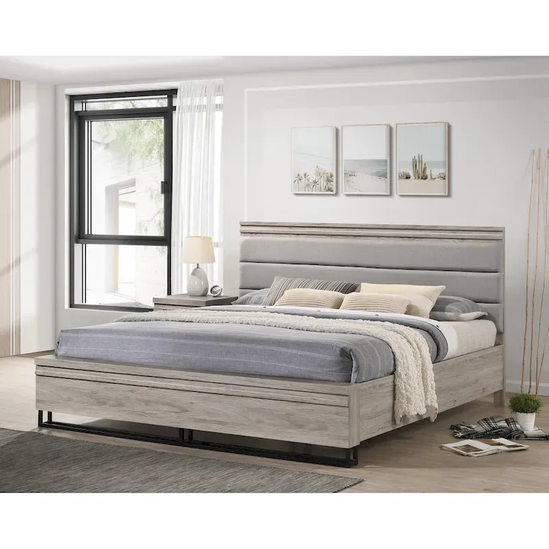 Weathered Gray Upholstered Wood Panel Bed