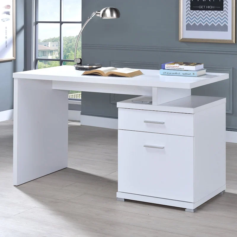 White Computer Desk with File Cabinet - Reversible Setup