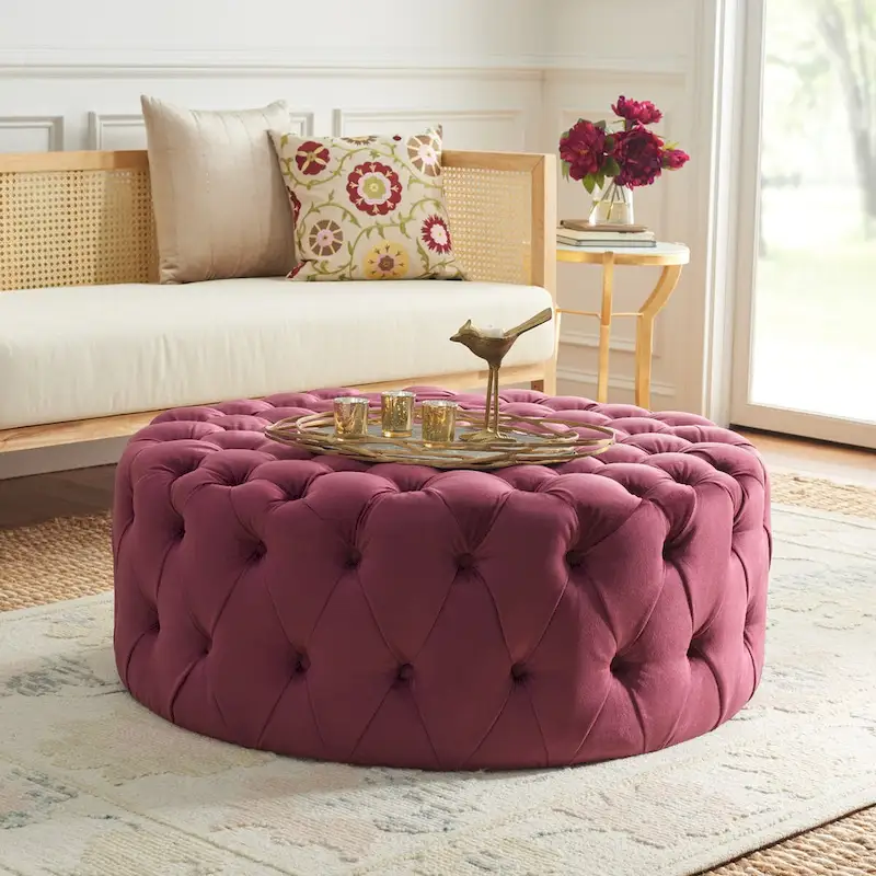 Round Button-Tufted Linen Ottoman – Mushroom / Grey / Antique Gold / Wheat / Bordeaux / Navy / Taupe, Single