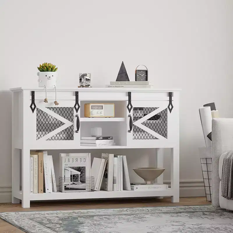 46 Farmhouse Console Table C White Sliding Barn Door Sofa Table (for Living Room/Entryway/Foyer)