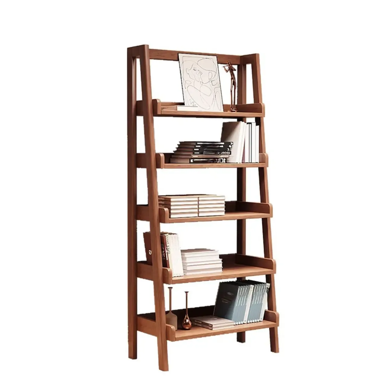 Mid-Century Modern Walnut Wood Multi-tier Ladder Bookshelves