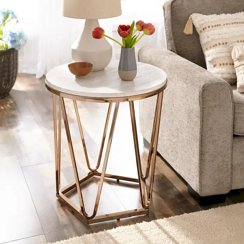 Round Side Table – Champagne Gold, Faux Travertine Top