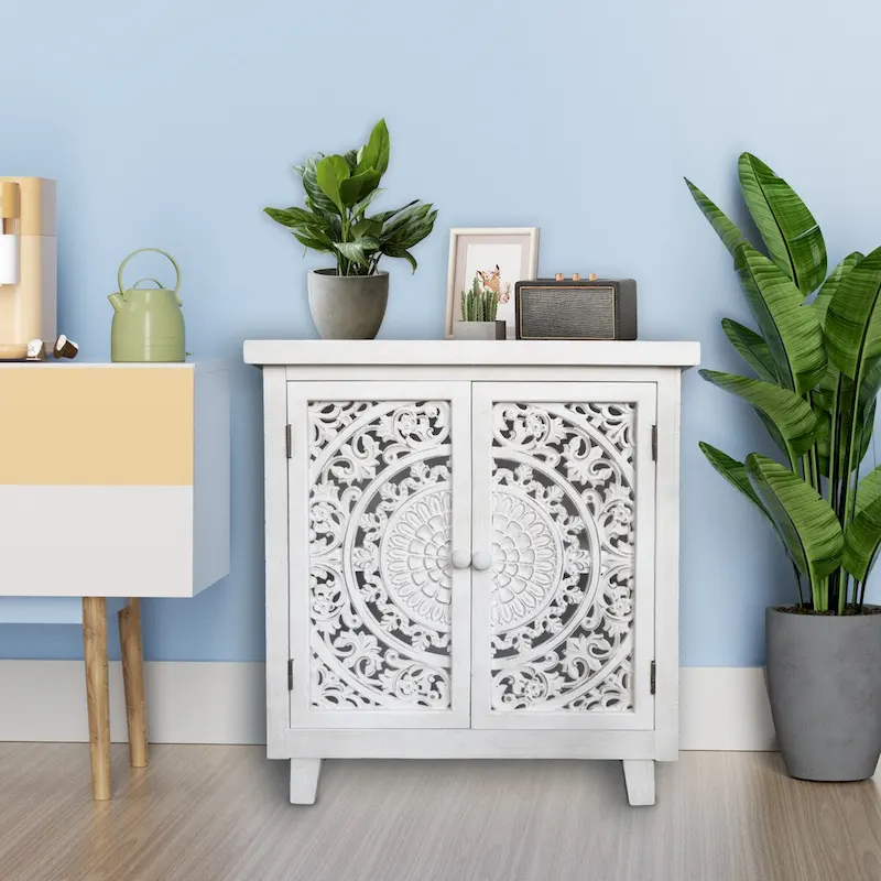 White 2-Door Carved Accent Storage Cabinet, 1-Person