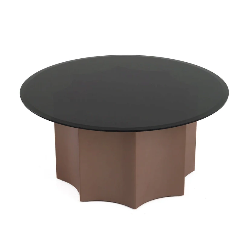 Round Coffee Table with Mirrored Glass Top – Black & Wine Red, Pedestal Base, Modern Style