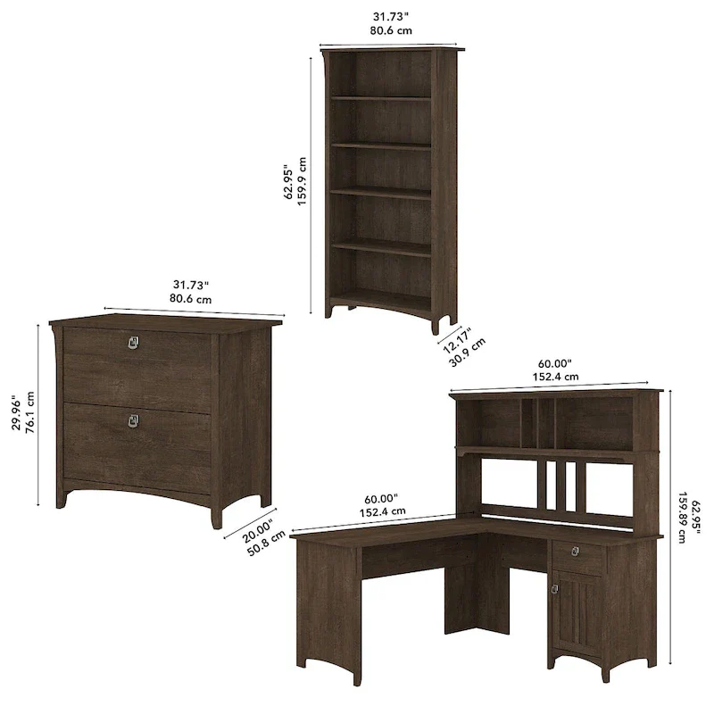 Salinas 60W L Desk with Hutch, Cabinet and Bookcase by Bush Furniture