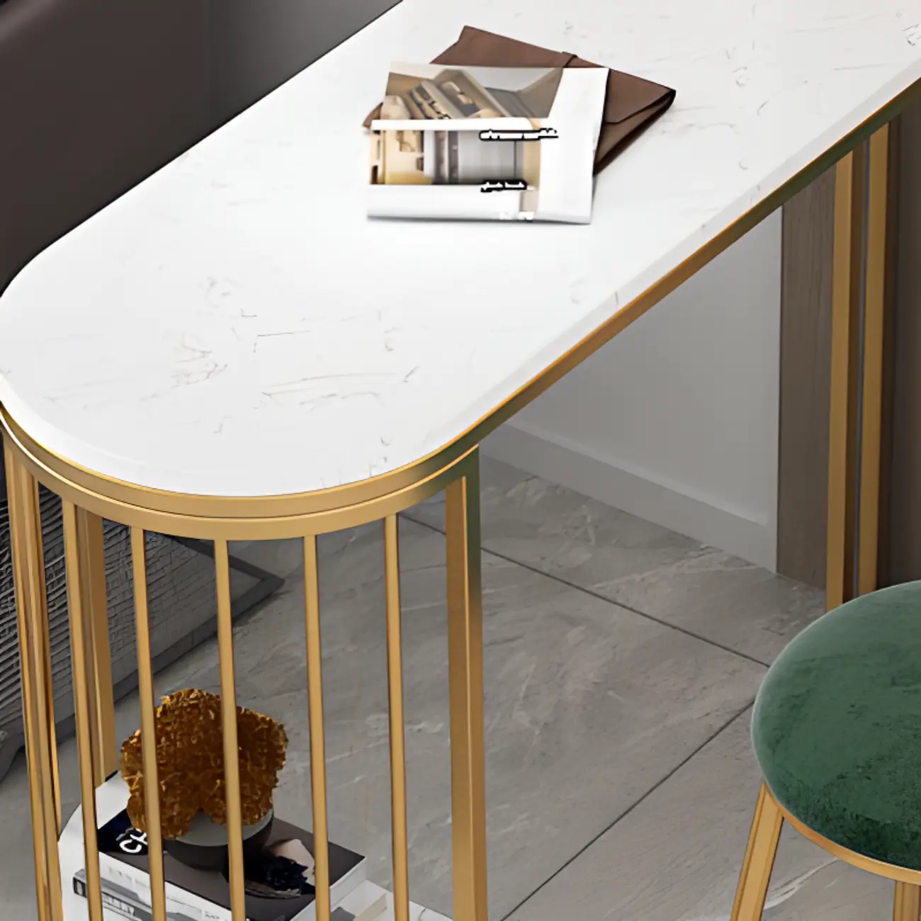 Modern Bistro Golden Bar Table Marble Top with 2 Shelves