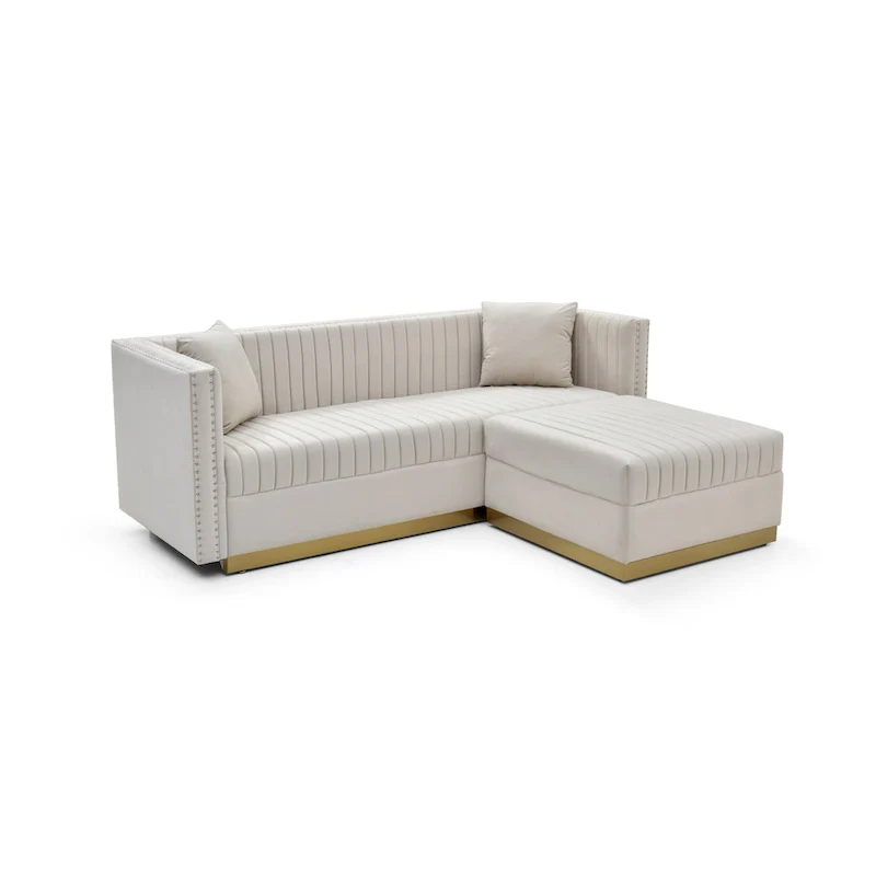 Beige Velvet Tufted L-Shaped Sectional Sofa with Ottoman and 4 Pillows