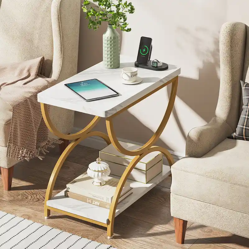 2-Tier RectangularWood Metal End Side Accent Table Nightstand