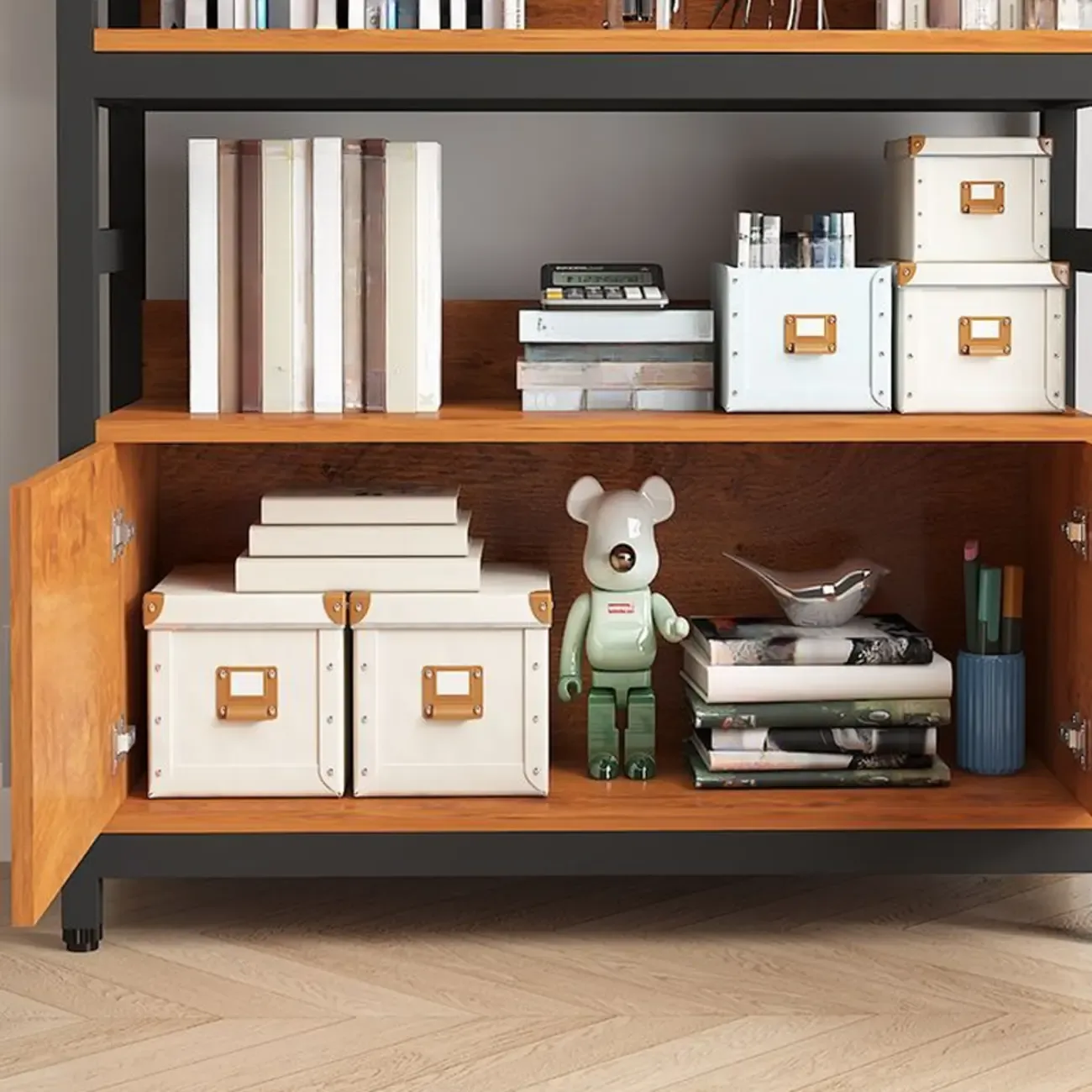 Brown Multi-Shelf Wooden Vertical Bookcase with Cabinet