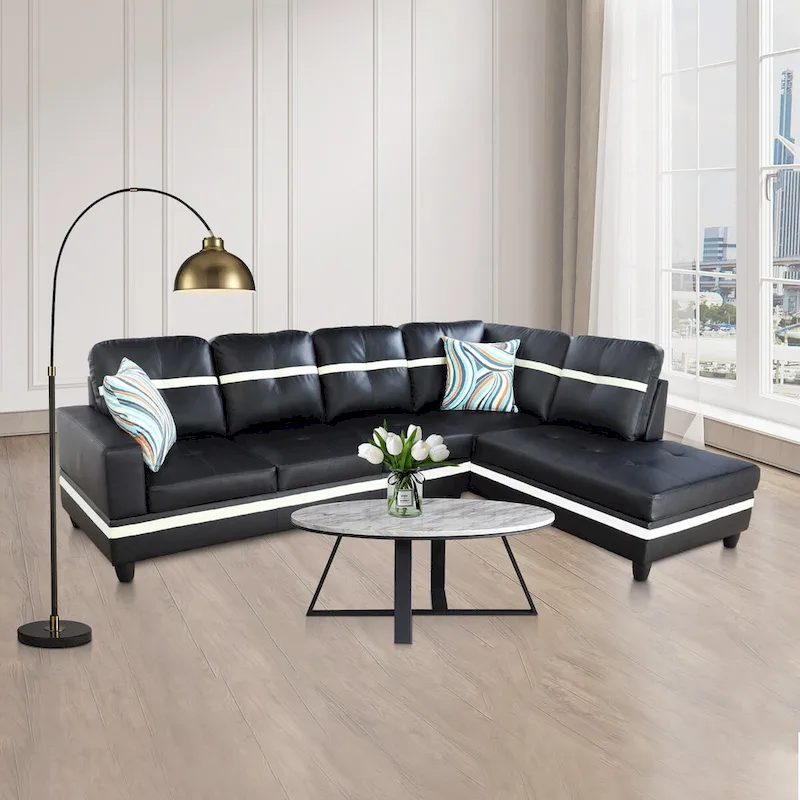 L-Shape Semi PU Leather Living Room Sofa Set with Ottoman,3-Piece