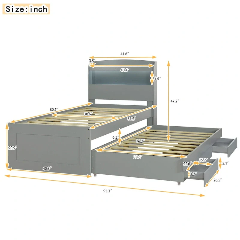 Twin XL Size Platform Bed with Storage LED Headboard, Charging Station, Twin Size Trundle and 2 Drawers