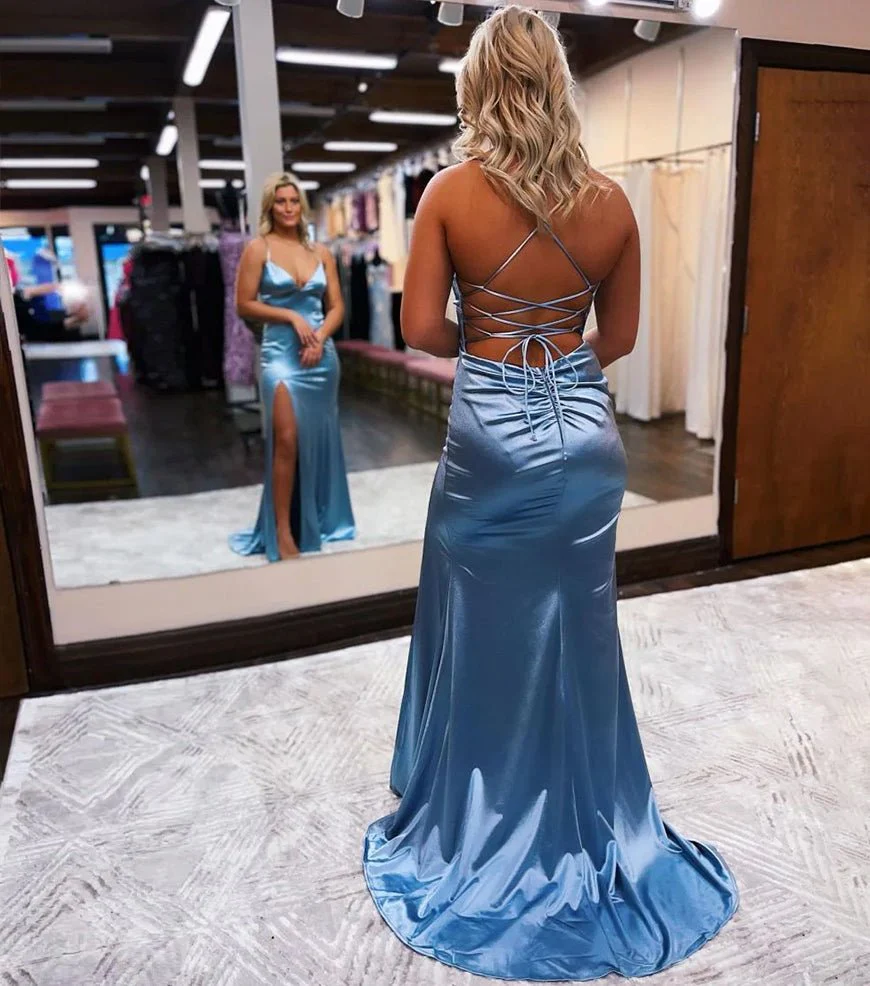 Mermaid Spaghetti Straps Satin Prom Dress with Slit
