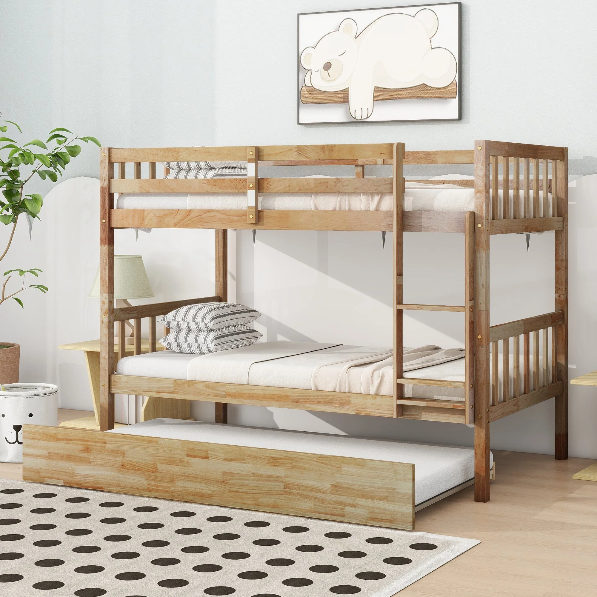 Walker Edison | Convertible Twin Over Twin Bunk Bed with Trundle with Ladder Sleeps 3
