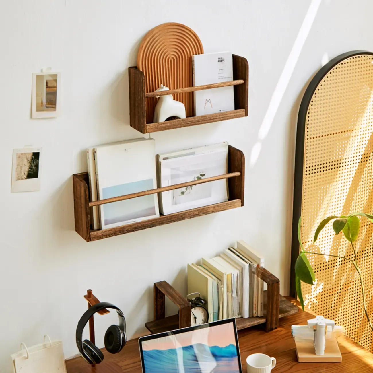 Modern Wooden Wall-Mounted Open Bookcase Small Bookshelf