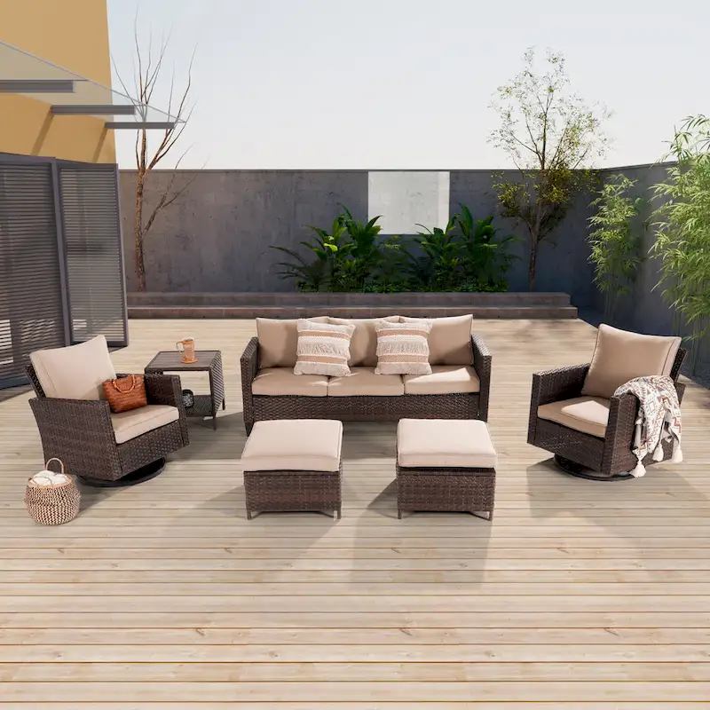 LIVOOSUN Patio 6Pcs Furniture Conversation Brown Rattan Swivel Rocking Sofa Set