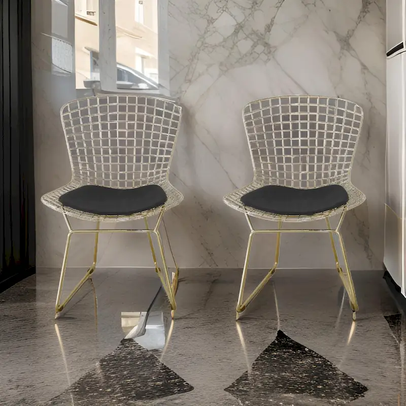 Hely 23 Inch Dining Chair Set of 2, 4 Cushions, Metal Cage Frame, Gold