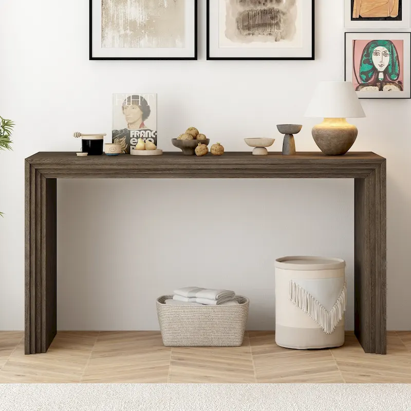 Natural / Black Striped Console Table, Single-Person Assembly, Paulownia Veneer
