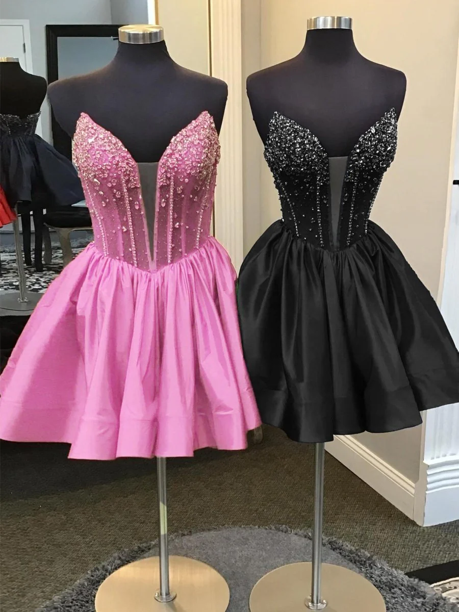 Pink - V Neck A-line Short Homecoming Dress With Beadings