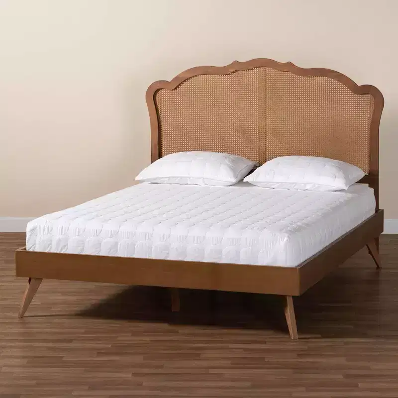 Baxton Studio Queen Aithan Wood and Rattan Platform Bed Walnut Brown