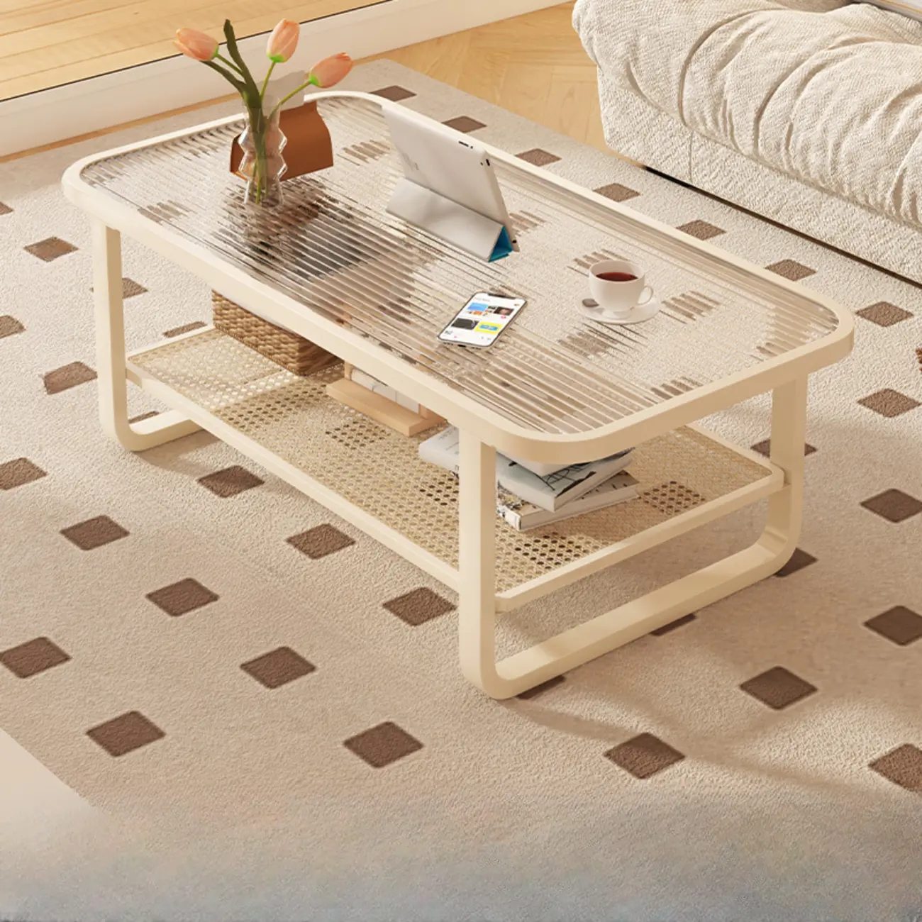 Modern White Rectangle Glass Coffee Table with Shelf